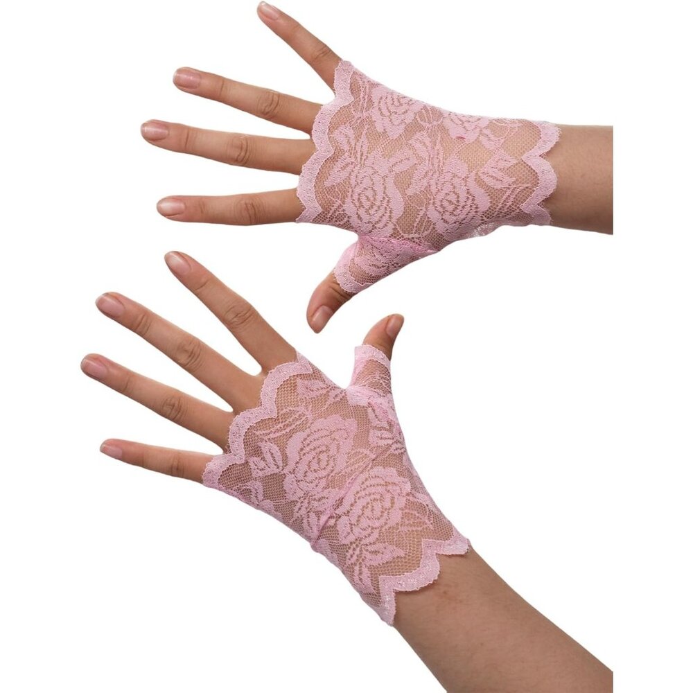 Women's Fingerless Pink Short Lace Gloves Party Wedding Costume Accessories